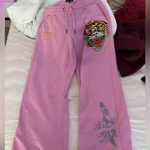 Ed Hardy Pink Track Pants with Tiger and Sword Design